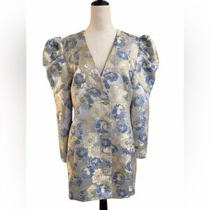Bardot Blue and Gold Jacquard Long Sleeve Floral Structure Blazer Mini Dress